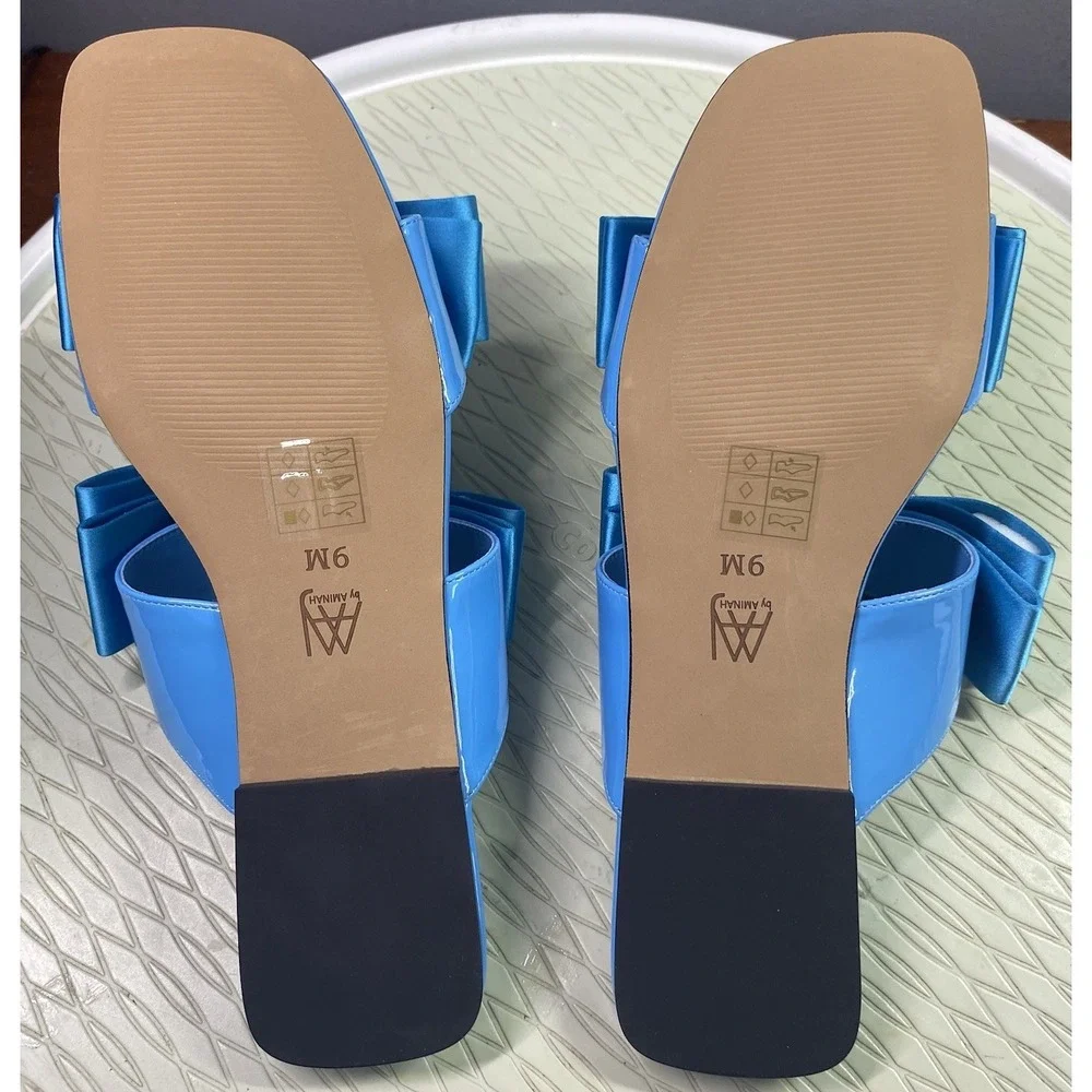 Aminah Abdul Jillil Jody Bow Flat Sandal Blue Square Toe Slide 9M Satin Shoe NWB